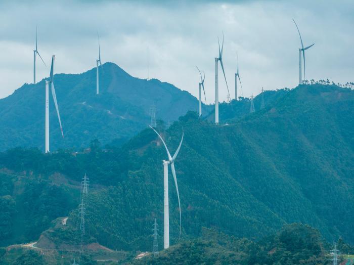 航拍广西高山之巅风力发电场